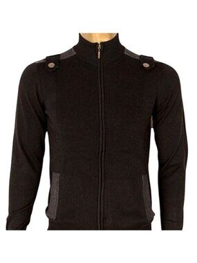 NWT Plantini Lightweight Zip Front Black & Gray Sweater w/ Epaulettes - L